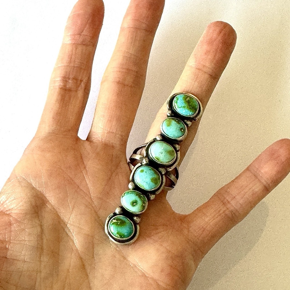 Navajo Long Turquoise Ring Sz 8 Six Stone Signed Randy Billy Sterling Native - Picture 3 of 9